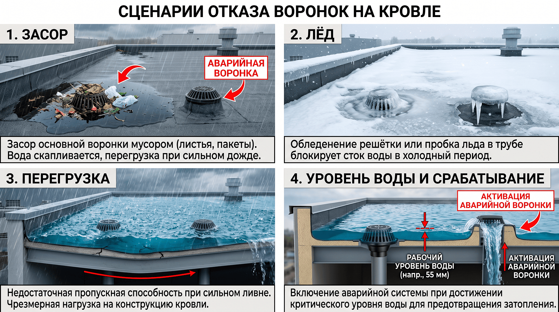 Сценарии отказа основного водостока на плоской кровле