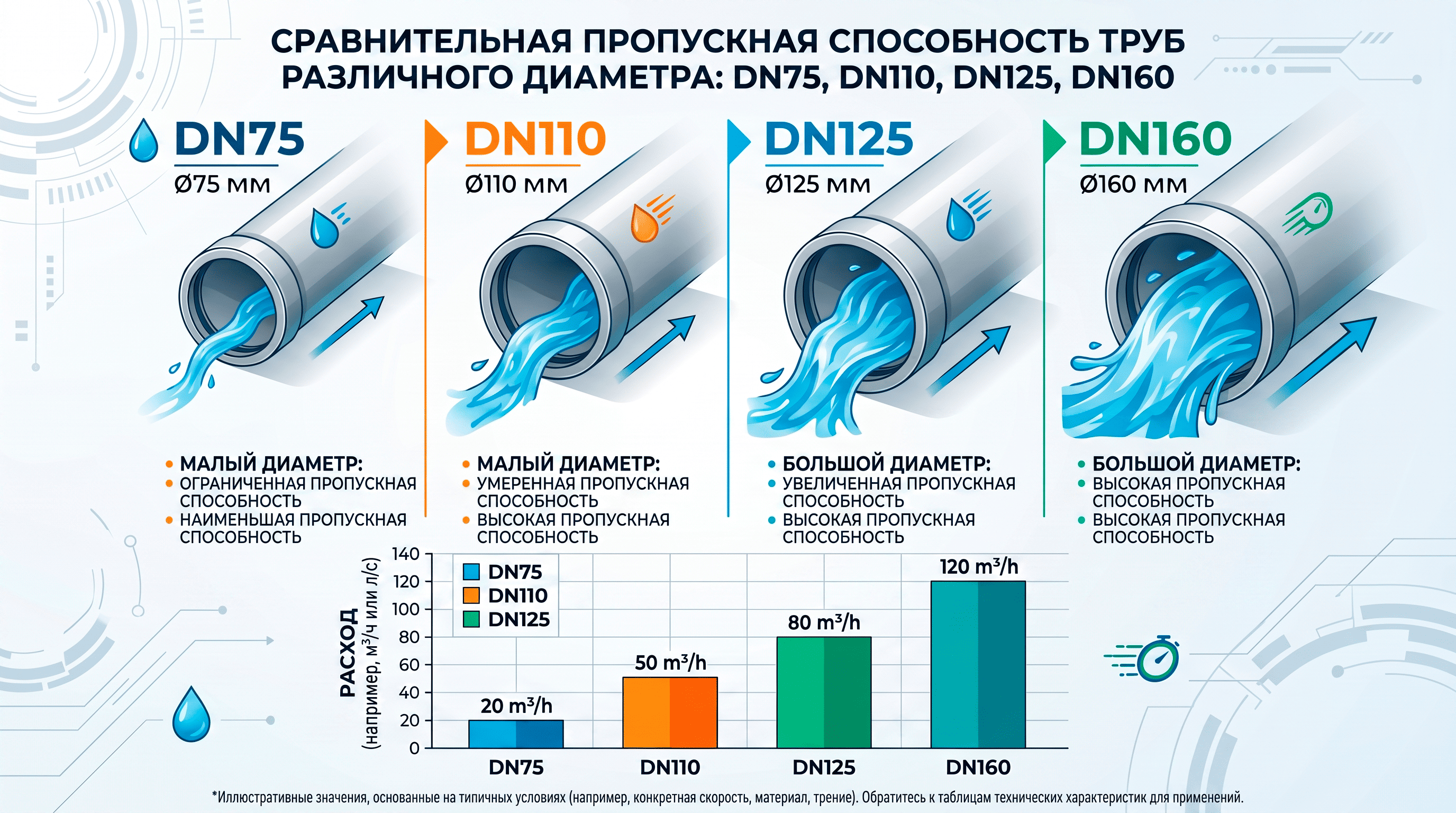 Сравнение DN75 DN110 DN125 DN160 по пропускной способности
