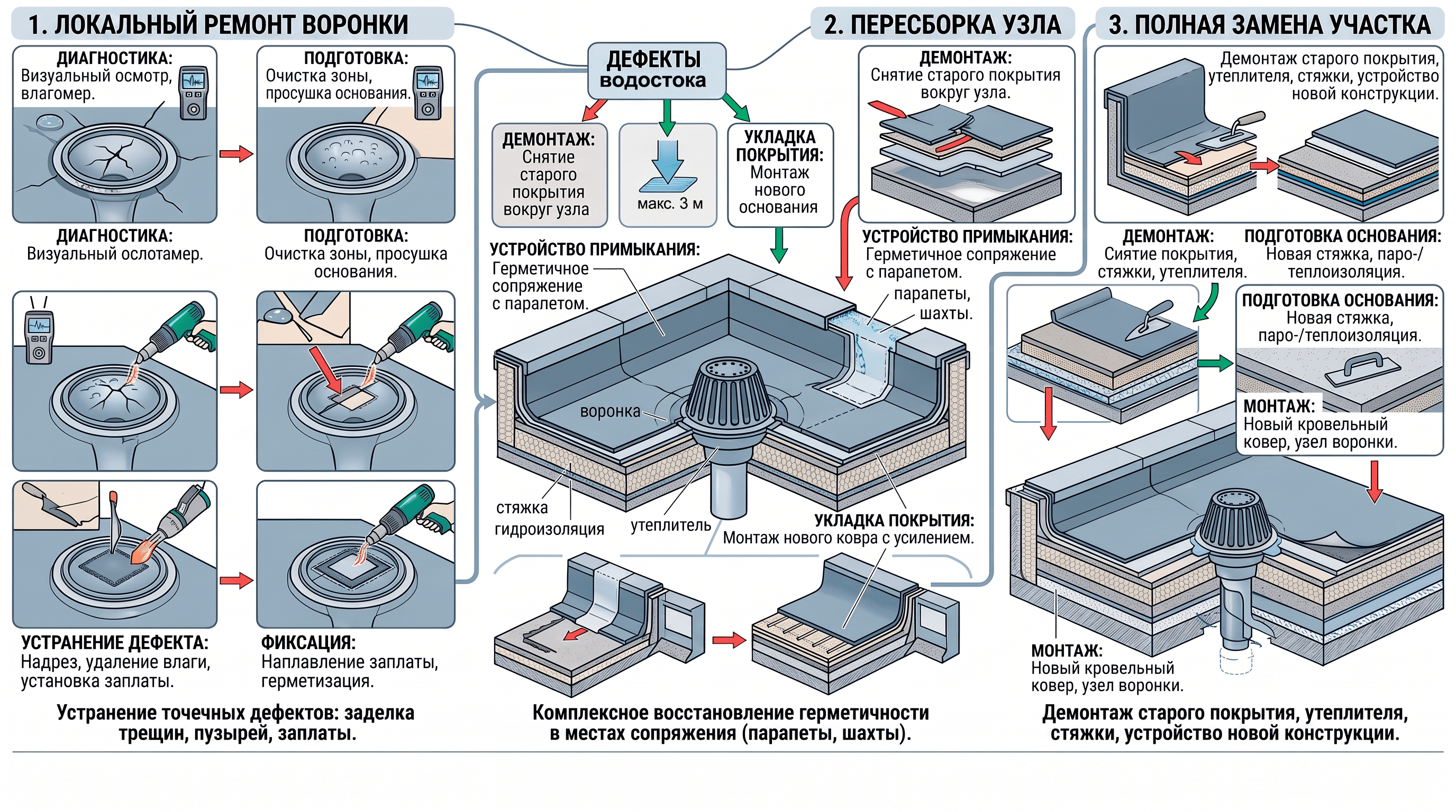 Сравнение локального ремонта и полной замены узла кровельной воронки