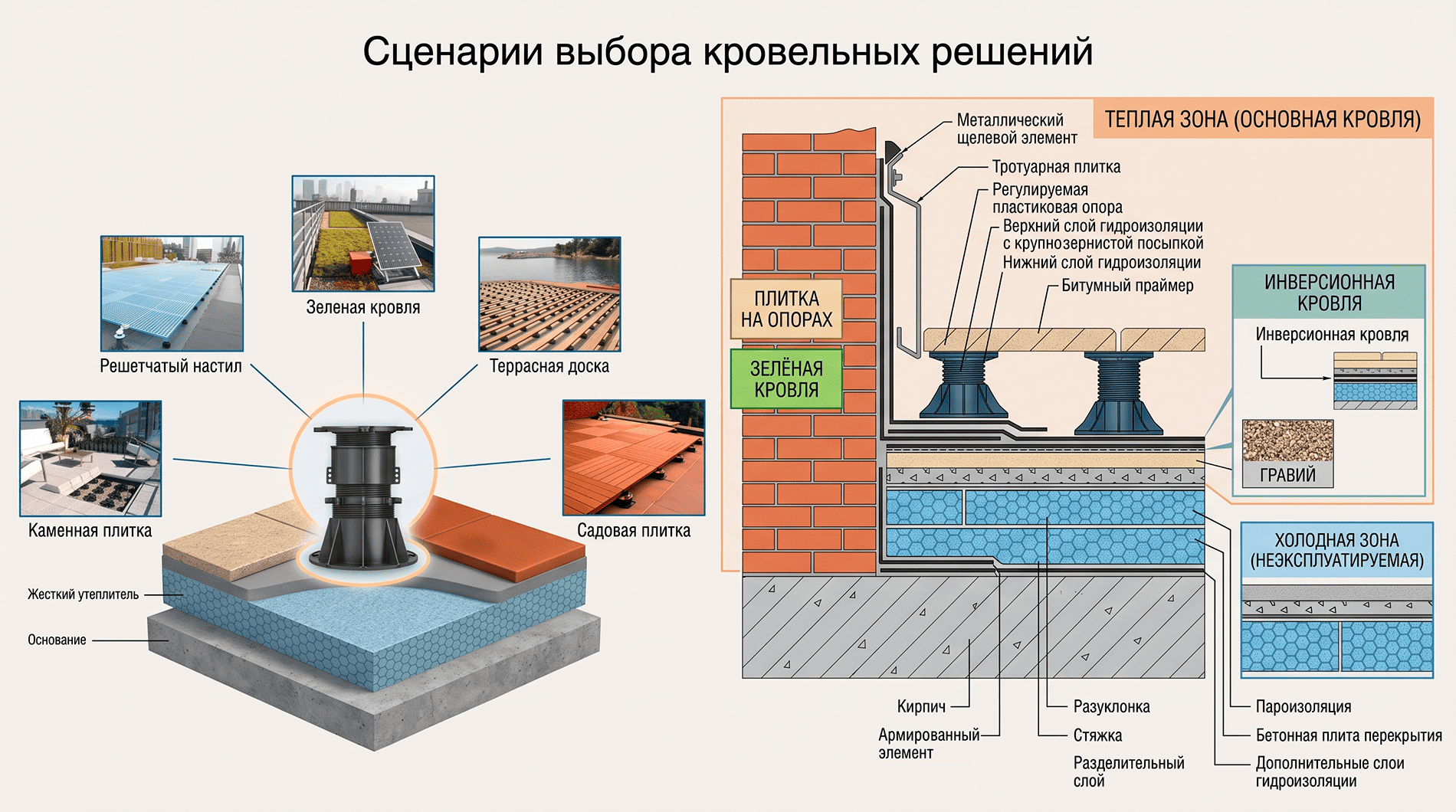 Выбор воронки для эксплуатируемой кровли по типу покрытия
